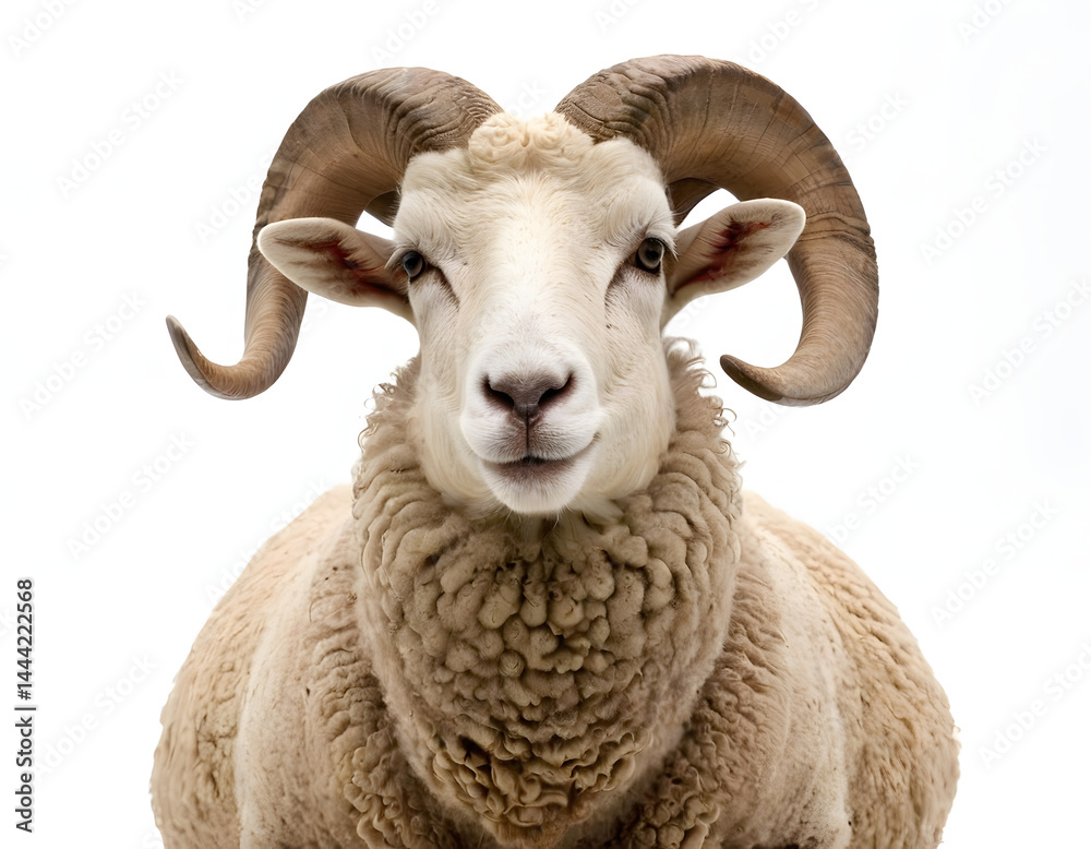 Portrait full body shot of a sheep or ram sitting in front of a white background. Eid ul-Adha is a sacrifice animal in Muslim belief. Close-up of a sheep with big horns on a white background. Portrait full body shot of a sheep or ram sitting in front of a white background. Eid ul-Adha is a sacrifice animal in Muslim belief. Close-up of a sheep with big horns on a white background.