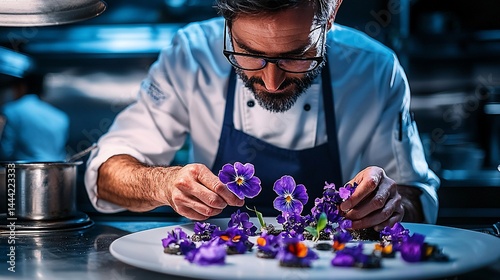 Chef meticulously arranging edible flowers on a gourmet plate