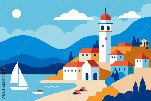 Coastal Village Illustration: A vibrant illustration depicts a charming coastal village, with a lighthouse overlooking the sea, a sailboat, and a serene landscape under a bright, clear sky.