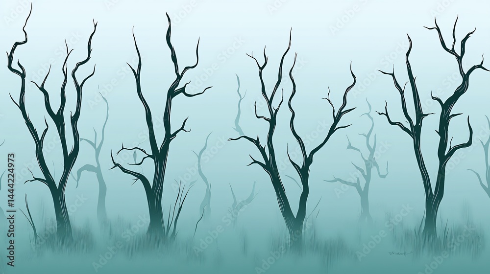 Fototapeta premium Eerie forest featuring dead trees against a twilight glow creating a hauntingly beautiful scene of timeless natural decay and change