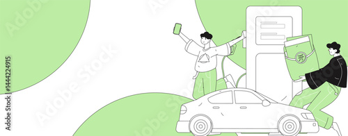 Vector Internet operation hand-drawn illustration of people getting discounts for refueling their cars
