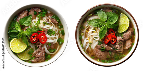 A bowl of beef pho with fresh herbs isolated on transparent background