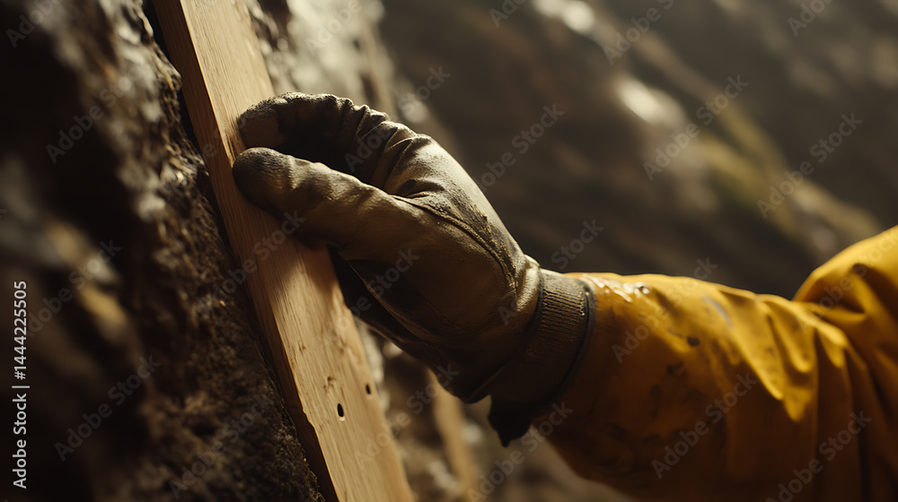 Fototapeta premium Hand in Glove Holding a Wooden Plank Against a Rock Wall