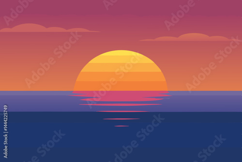 Golden hues of sunset and sunrise paint the sky over the sea and ocean, reflecting their vibrant colors on the tranquil water and clouds at the horizon