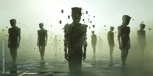 Digital block figures with fractured expressions dispersing in a toxic environment.