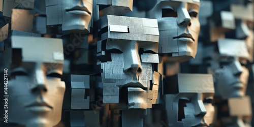 Digital blocks with broken faces, each representing a departing employee or viewer.