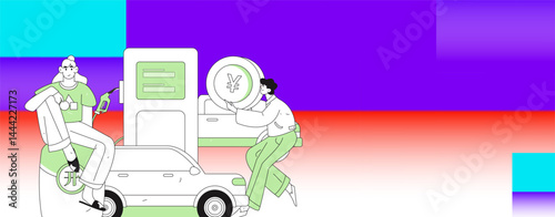 Vector Internet operation hand-drawn illustration of people getting discounts for refueling their cars
