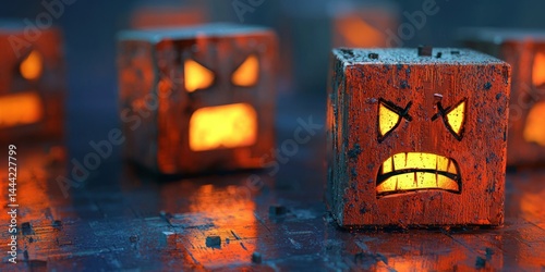 Digital blocks with grimacing faces, gradually crumbling as customer numbers decline.