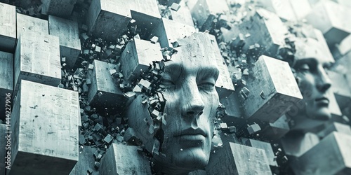 Digital blocks with melancholic faces crumbling and scattering, symbolizing decreasing viewers.