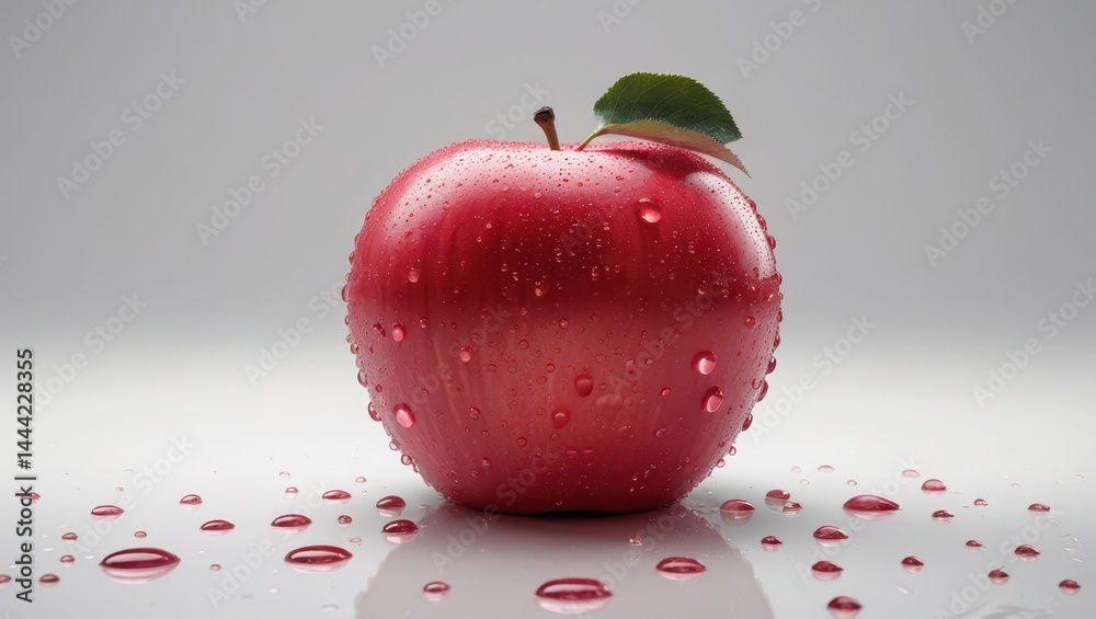 A realistic, detailed image of a fresh red apple with a smooth shiny surface, droplets of water on it, showcasing its texture and natural imperfections. The apple is placed in the center with a pure w