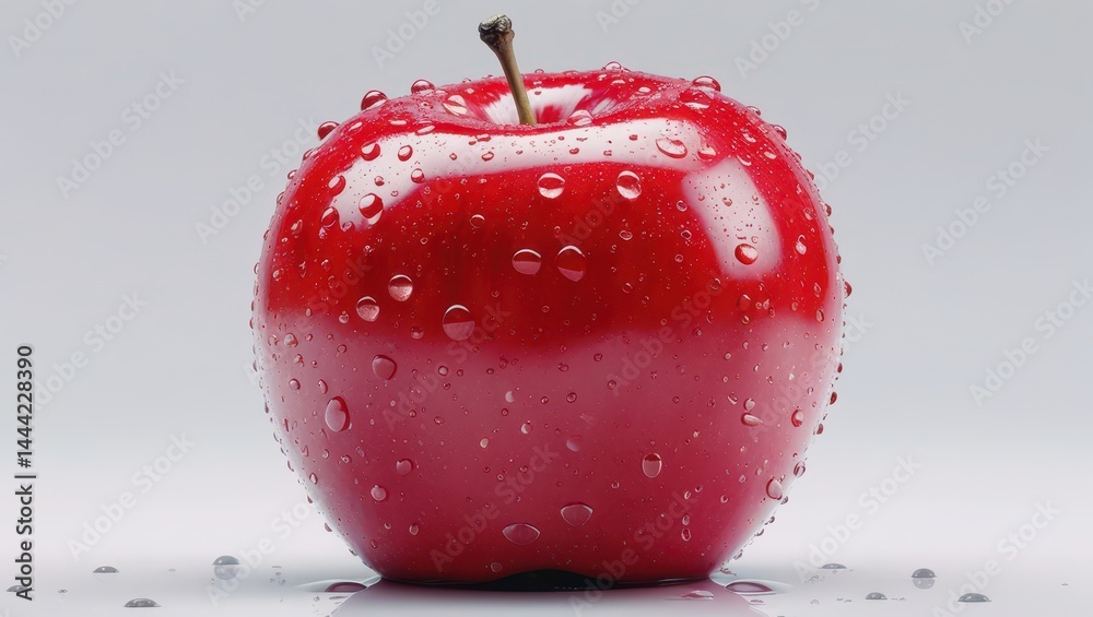 A realistic, detailed image of a fresh red apple with a smooth shiny surface, droplets of water on it, showcasing its texture and natural imperfections. The apple is placed in the center with a pure w