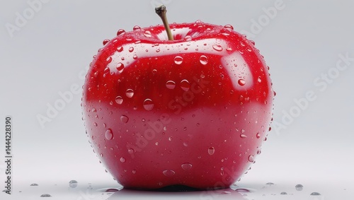 A realistic, detailed image of a fresh red apple with a smooth shiny surface, droplets of water on it, showcasing its texture and natural imperfections. The apple is placed in the center with a pure w