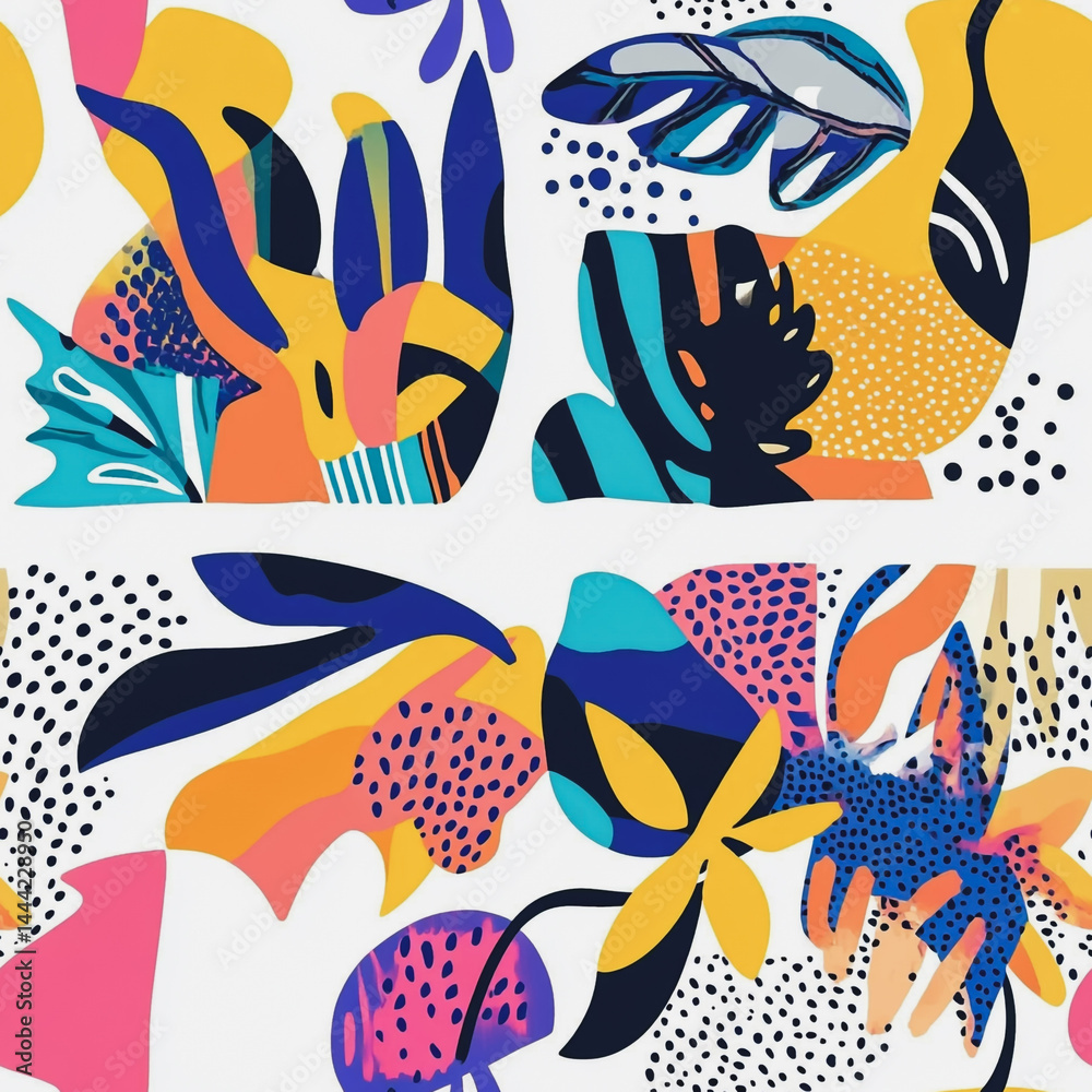 Naklejka premium bstract white background with colorful Memphis style seamless pattern. Creative minimalist style art background for children or trendy design with basic shapes. Simple childish scribble backdrop