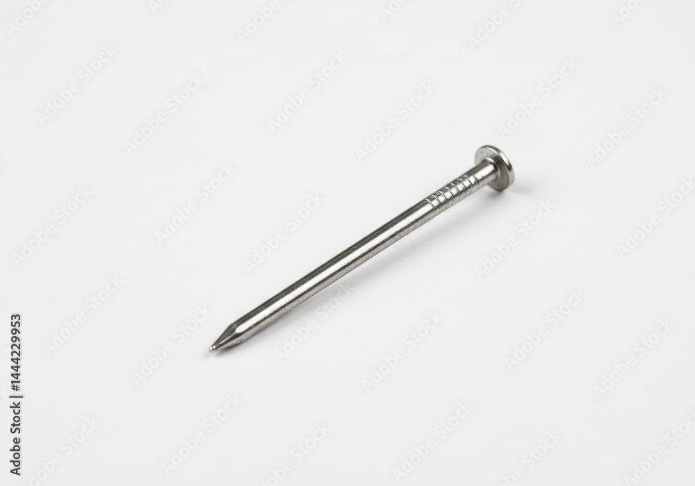 Isolated single metal nail lying diagonally on a white surface in a studio photography shot image Isolated single metal nail lying diagonally on a white surface in a studio photography shot image