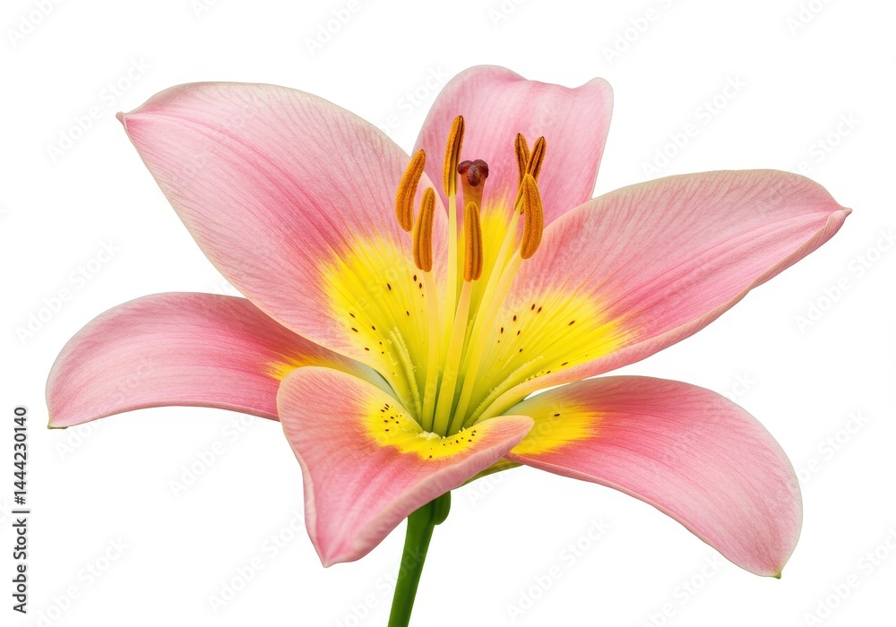 A close up of a pink and yellow lily flower with visible stamens on a white background isolated shot A close up of a pink and yellow lily flower with visible stamens on a white background isolated shot