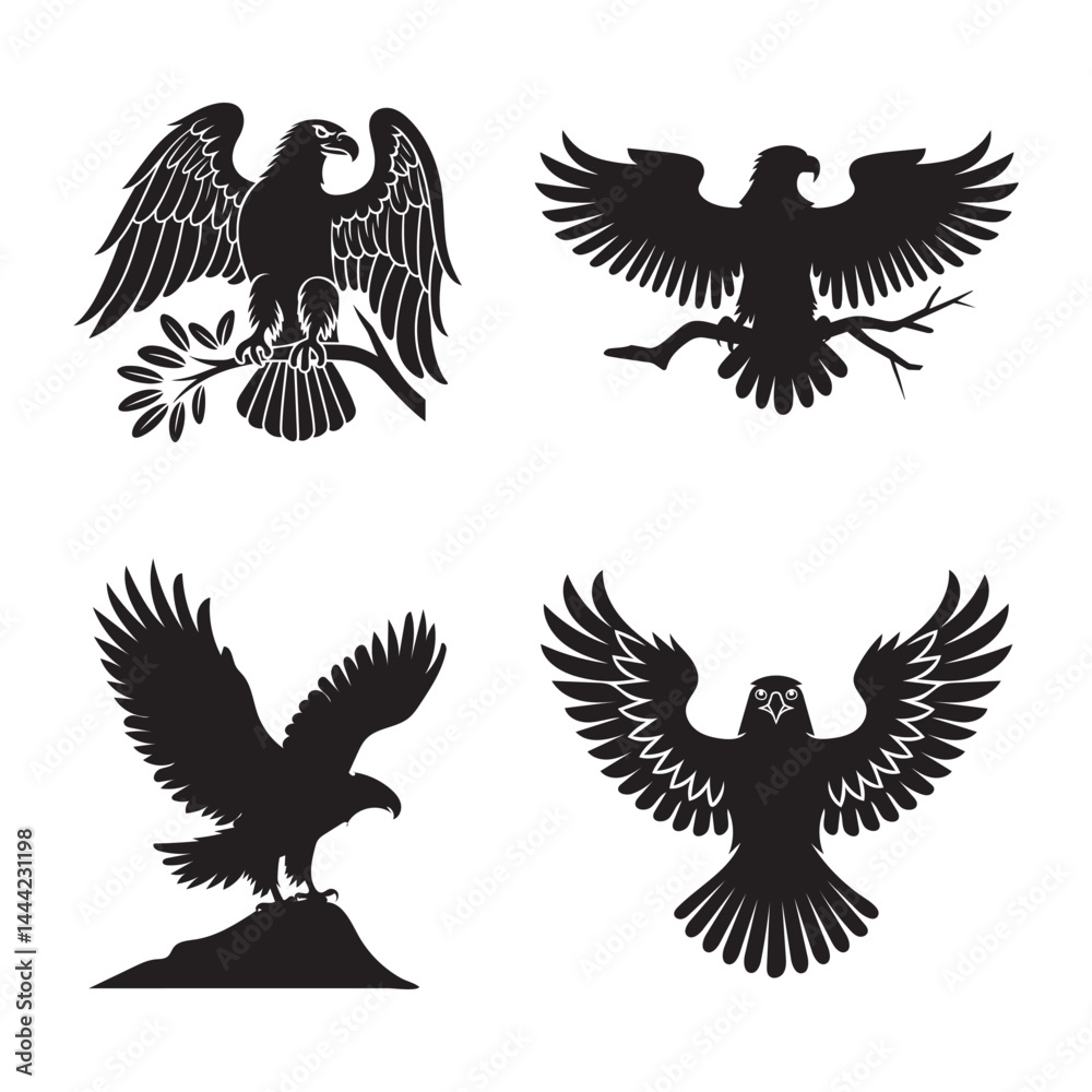 Four Silhouettes of Powerful Eagle Birds of Prey Four Silhouettes of Powerful Eagle Birds of Prey