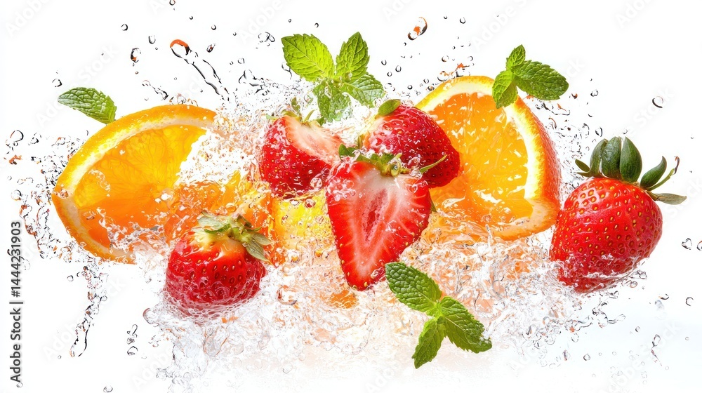 Fruit punch splash with strawberries, oranges, and mint on white background Fruit punch splash with strawberries, oranges, and mint on white background
