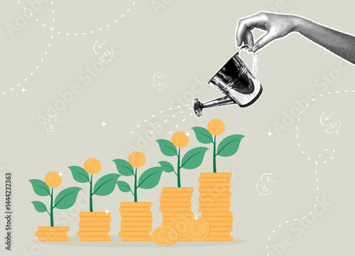 Trendy halftone collage. Investing for growth, cultivating financial success. Growth concept of savings, investment, savings, prosperity concept, growth formula.