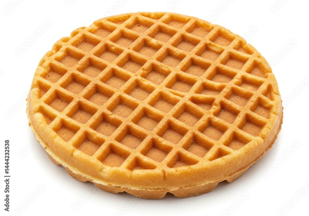 A single round waffle with a grid pattern sitting on a white surface in a studio setting view
