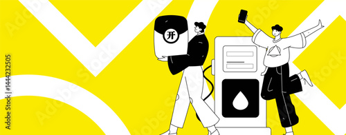 Vector Internet operation hand-drawn illustration of people getting discounts for refueling their cars
