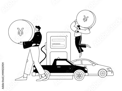 Vector Internet operation hand-drawn illustration of people getting discounts for refueling their cars
