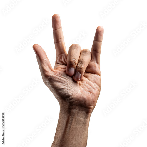 Hand gesture symbolizing rock music or love, showcasing a male hand with a confident and expressive mood against a plain background. on transparent background