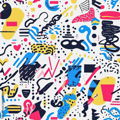 bstract white background with colorful Memphis style seamless pattern. Creative minimalist style art background for children or trendy design with basic shapes. Simple childish scribble backdrop

