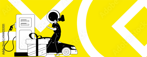 Vector Internet operation hand-drawn illustration of people getting discounts for refueling their cars
