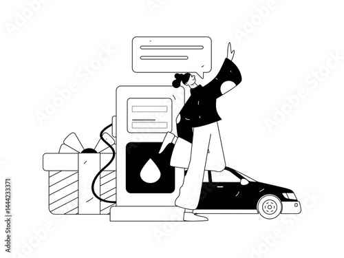 Vector Internet operation hand-drawn illustration of people getting discounts for refueling their cars
