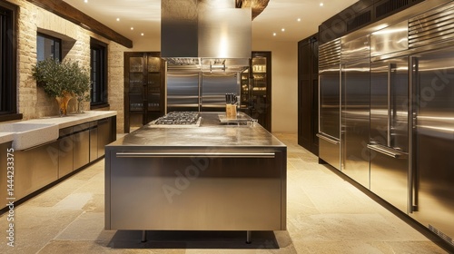 Modern kitchen boasts stainless steel appliances and a central island focal point