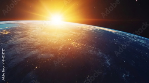 Fototapeta Naklejka Na Ścianę i Meble -  Stunning sunrise over earth planet global view space background sky blue dark world scene light image