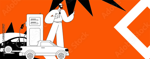 Vector Internet operation hand-drawn illustration of people getting discounts for refueling their cars

