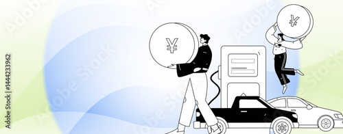 Vector Internet operation hand-drawn illustration of people getting discounts for refueling their cars
