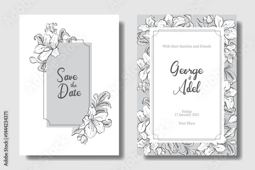 Charcoal Gray and Silver Mist color, wedding invitation design with hand drawing Azalea flower