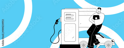 Vector Internet operation hand-drawn illustration of people getting discounts for refueling their cars
