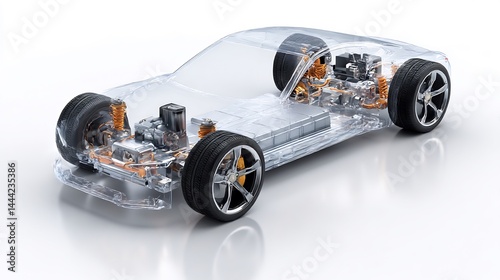 Transparent car chassis revealing internal mechanical and electrical components
