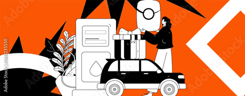 Vector Internet operation hand-drawn illustration of people getting discounts for refueling their cars
