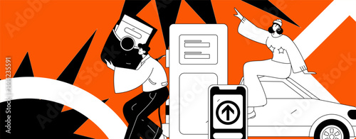 Vector Internet operation hand-drawn illustration of people getting discounts for refueling their cars
