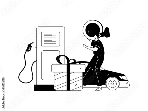 Vector Internet operation hand-drawn illustration of people getting discounts for refueling their cars
