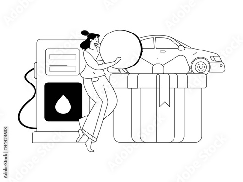 Vector Internet operation hand-drawn illustration of people getting discounts for refueling their cars
