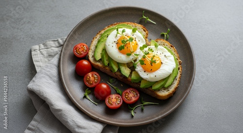 Avocado Toast with Poached Eggs and Tomatoes Served on Plate