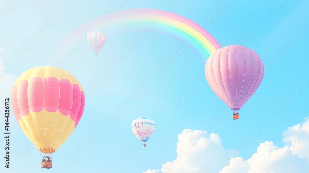 Obraz premium Pastel hot air balloons in a dreamy sky with a rainbow