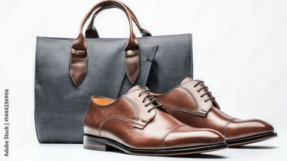 Grey business suit with shoes and leather bag on white background. Grey business suit with shoes and leather bag on white background.