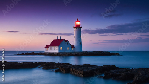 Wallpaper Mural White Lighthouse Under Cool Twilight Sky by the Sea, 4K Torontodigital.ca