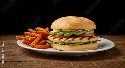 Chicken Burger with Avocado and Sweet Potato Fries on Plate