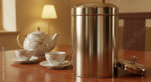 Elegant Tea Set Still Life: Porcelain Teapot, Cups, and Metallic Tea Caddy on Wooden Table