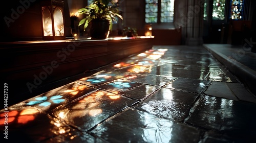 Stained Glass Light Reflection on Stone Tile Floor