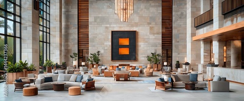 Spacious hotel lobby with comfortable seating and modern design