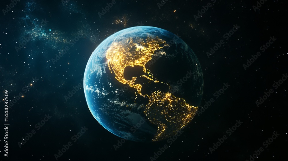 Fototapeta premium Stunning night view of earth from space showing city lights and stars blue dark gold globe world
