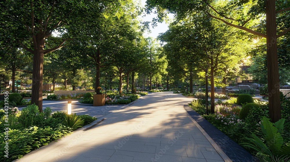 Fototapeta premium Lush park landscape filled with vibrant trees and colorful plants under harsh lighting creating a beautiful outdoor retreat for nature enthusiasts